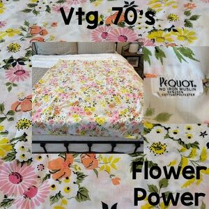 Vtg Pequot Double Flat Sheet Retro Floral 70s Flower Power Groovy Man Artsy Cool